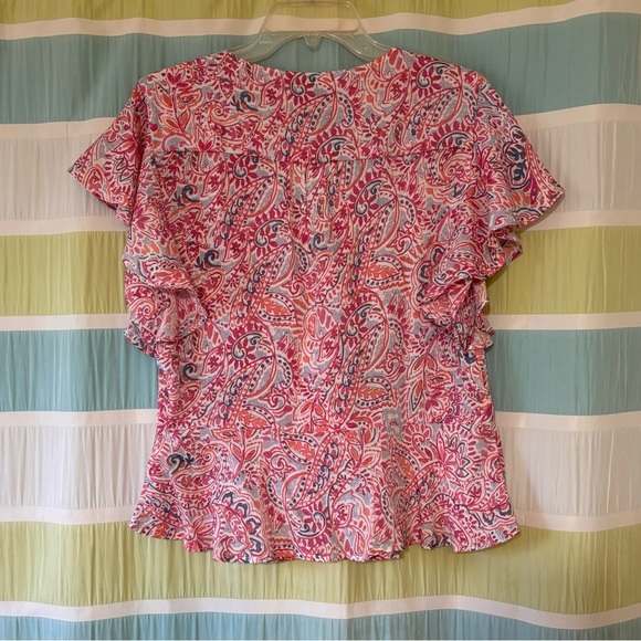 Nanette Lepore Paisley Ruffle-Sleeve Peplum Blouse Sz Large - Picture 8 of 9